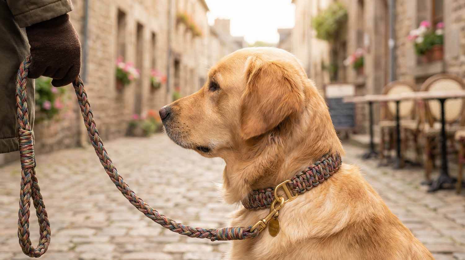 Chien avec laisse artisanale en Gironde