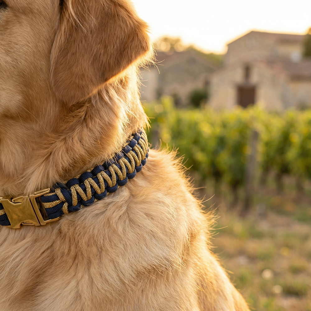 Chien en promenade avec laisse artisanale en Gironde
